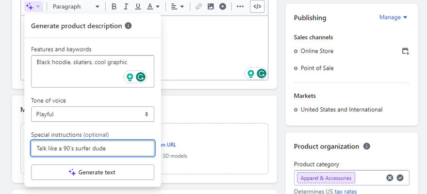 a page of input sections for product descriptions