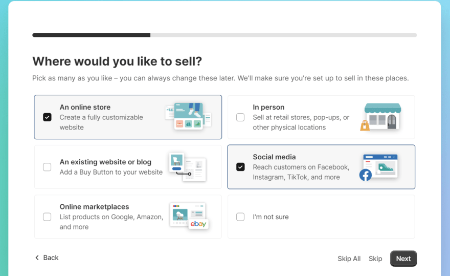 Shopify onboarding questions Shopify onboarding questions asking where would you like to sell