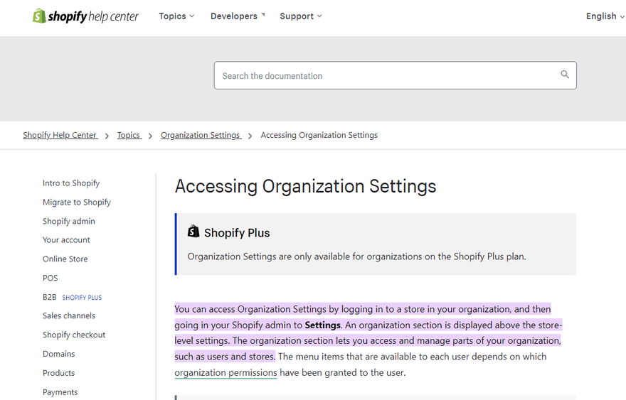 Shopify Organization Settings A page on the Shopify help center for accessing settings.