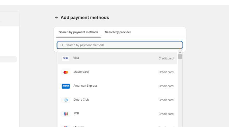 Shopify payment methods Drop down list of Shopify payment methods