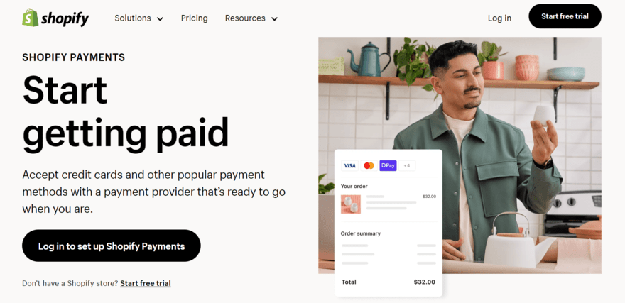 Shopify Payments Shopify Payments page inviting readers to sign up next to an image of a man holding a small pot with a pop up image of someone ordering that same product