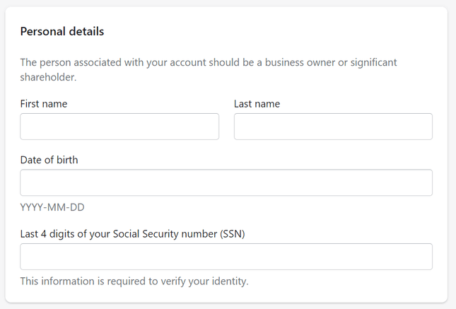 shopify payments personal details entering personal details