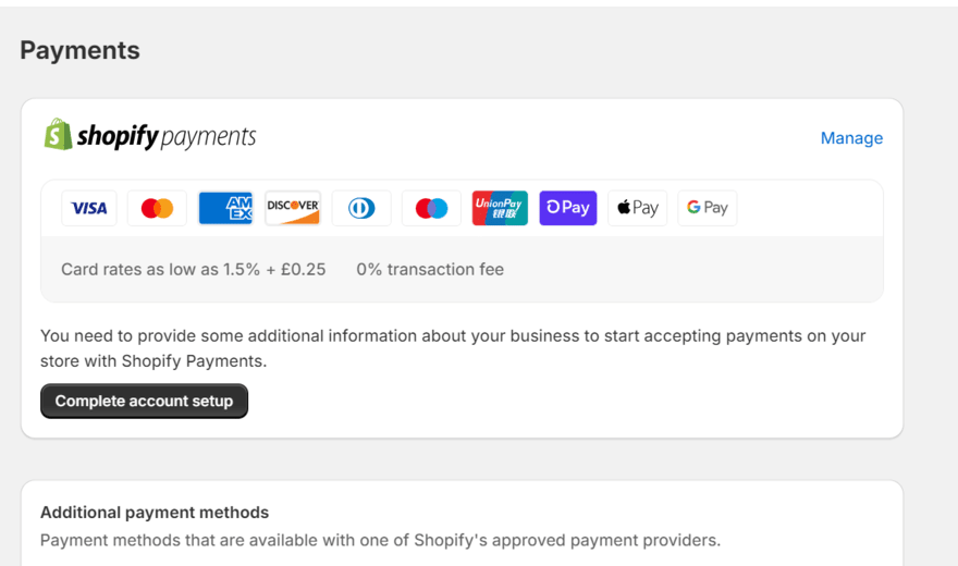 Shopify Payments Shopify Payments set up in the Shopify backend