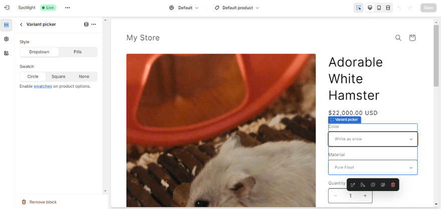 Shopify product adding variants Product settings in Shopify store showing an item photo, name, price, and variants being edited