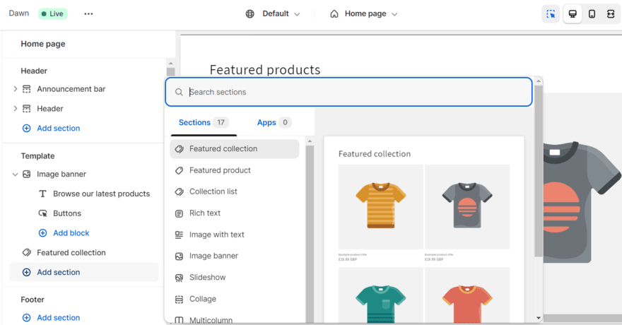 Shopify product sections Website sections library pop up in Shopify's editor