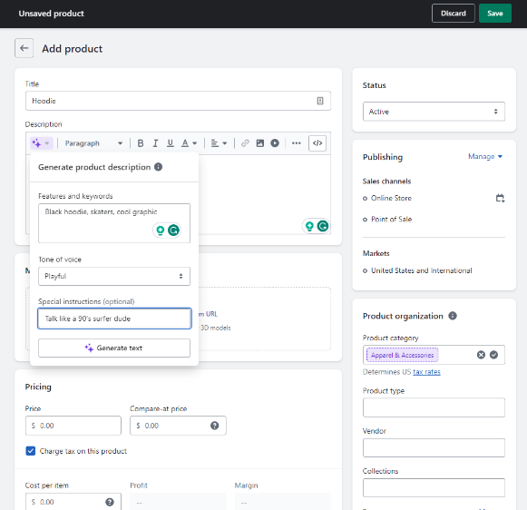 Shopify products a backend screenshot with text boxes for inputting product info