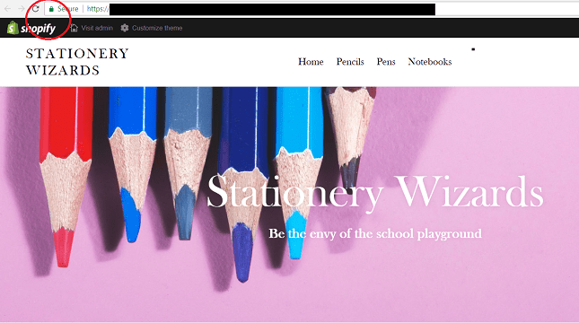 Shopify security green padlock example-min Stationery Wizards demo homepage with HTTPS padlock circled