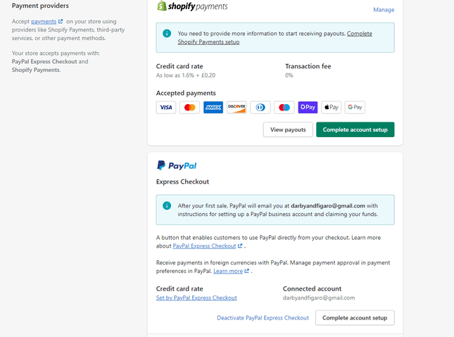Shopify Set Up Payments a payment option summary page showing shopify payments and PayPal