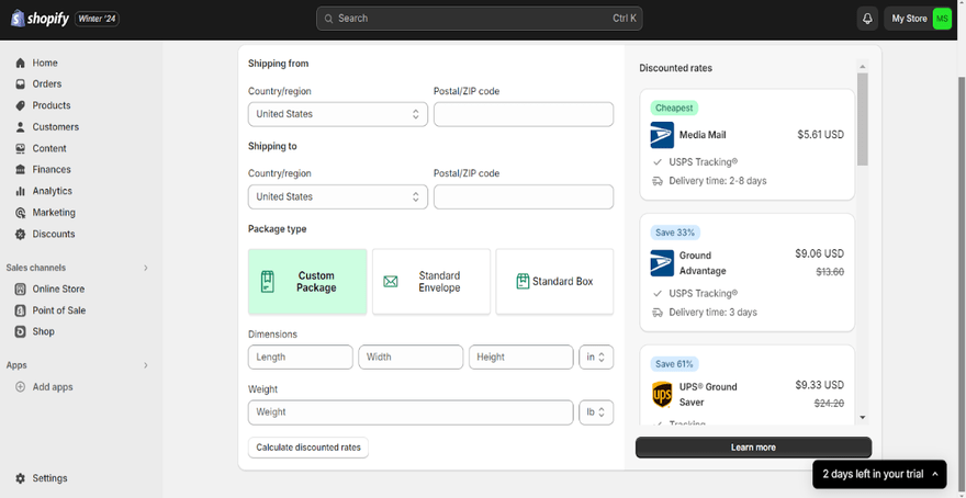 Shopify store settings showing shipping options