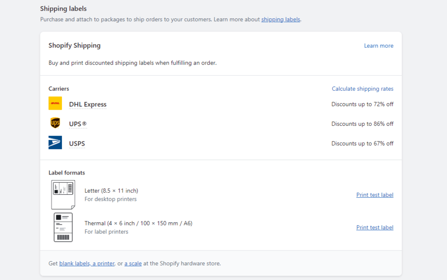 Shopify's shipping settings, featuring carrier options