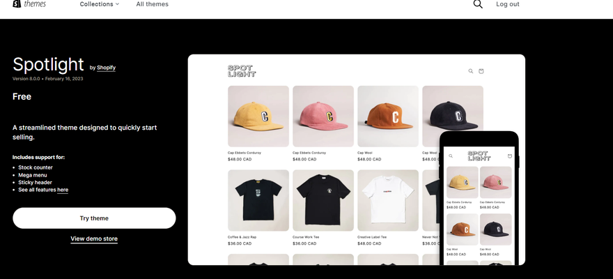 a black, modern shopify theme for caps