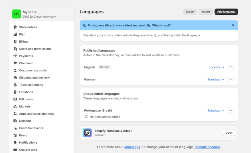 Shopify store languages Shopify settings page for adding new languages to store