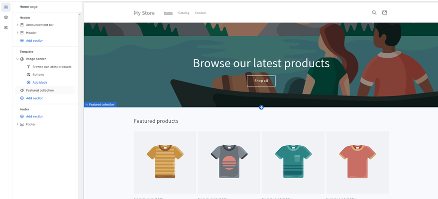 shopify's store in the editor, featuring an illustration and tshirts