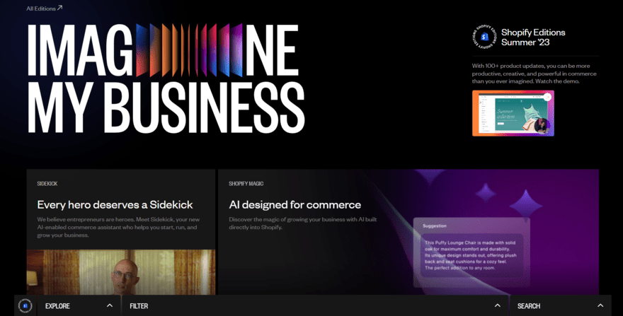 Shopify Summer 23 Editions Homepage for Shopify Summer 23 Editions, featuring blocks to highlight new products