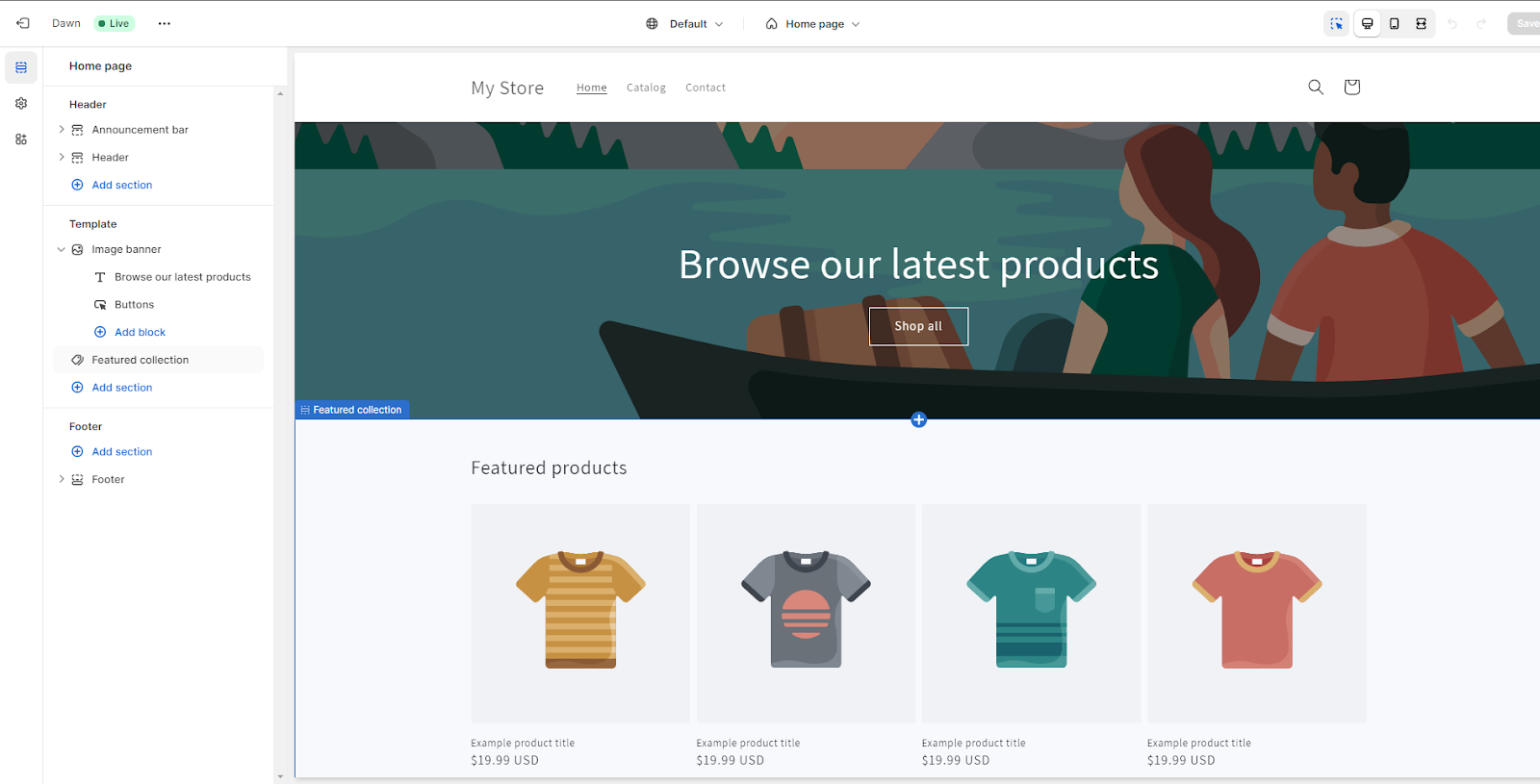 a store template featuring t-shirts with an illustration of a couple on a lake