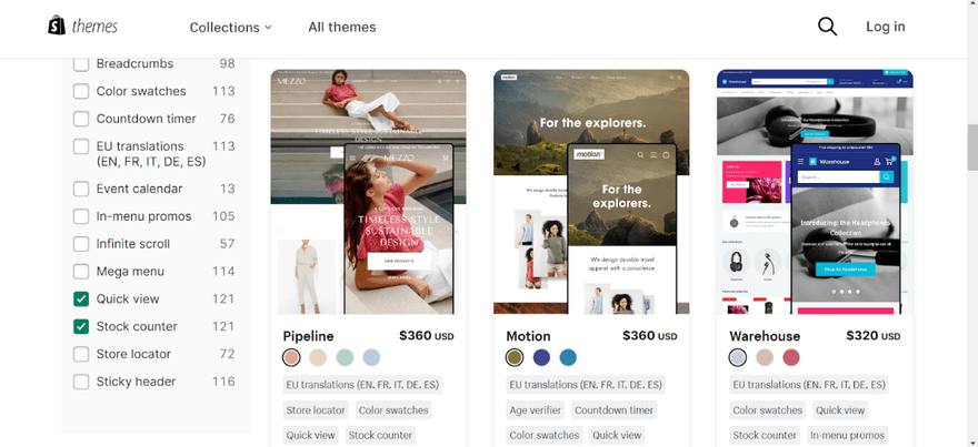 Results for Shopify themes filters set to quick view and stock counter features, showing three theme results