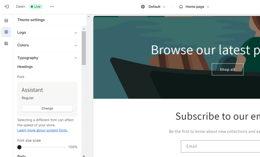 Shopify theme settings Sidebar of settings in Shopify's website editor