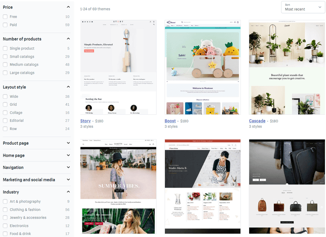 Shopify vs Etsy Shopify Themes shopify theme page with a selection of different themes available for different store types