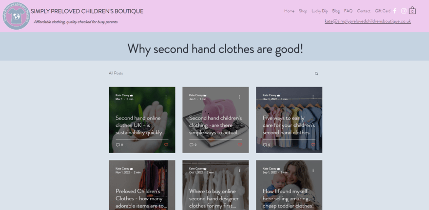 Simply Preloved blog Simply Preloved Children's Boutique blog page, sharing articles on second-hand clothing