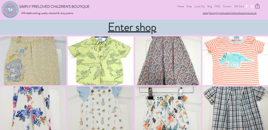 Simply Preloved homepage Simply Preloved Children's Boutique homepage, displaying eight products for sale