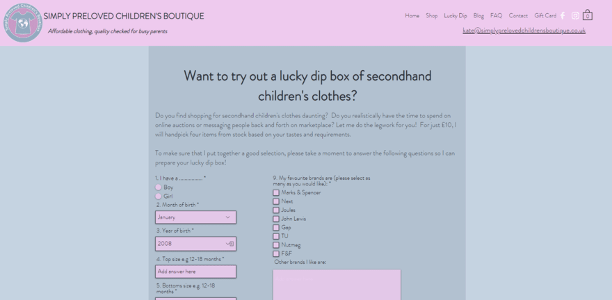 Simply Preloved lucky dip Lucky dip form on Simply Preloved Children's Boutique website