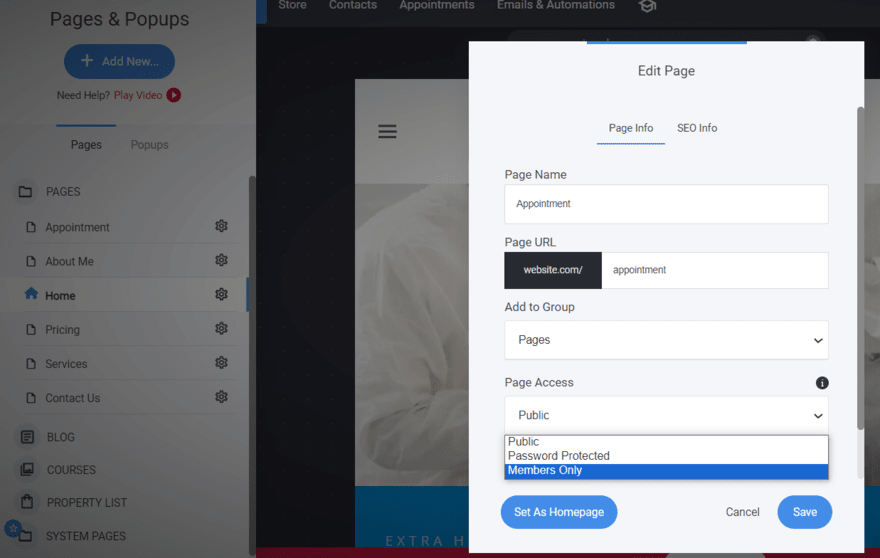 Simvoly page settings Simvoly page access settings
