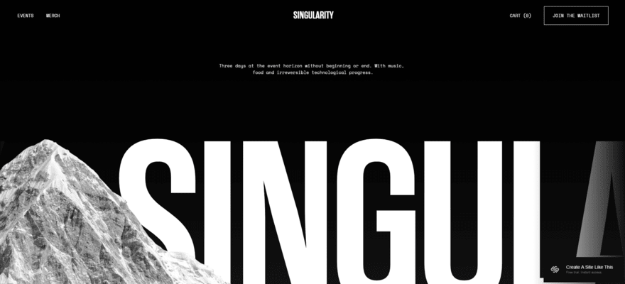 Singularity Squarespace template Demo Squarespace website using the Singularity template, featuring a black background with large white text and a picture of a snowy mountain