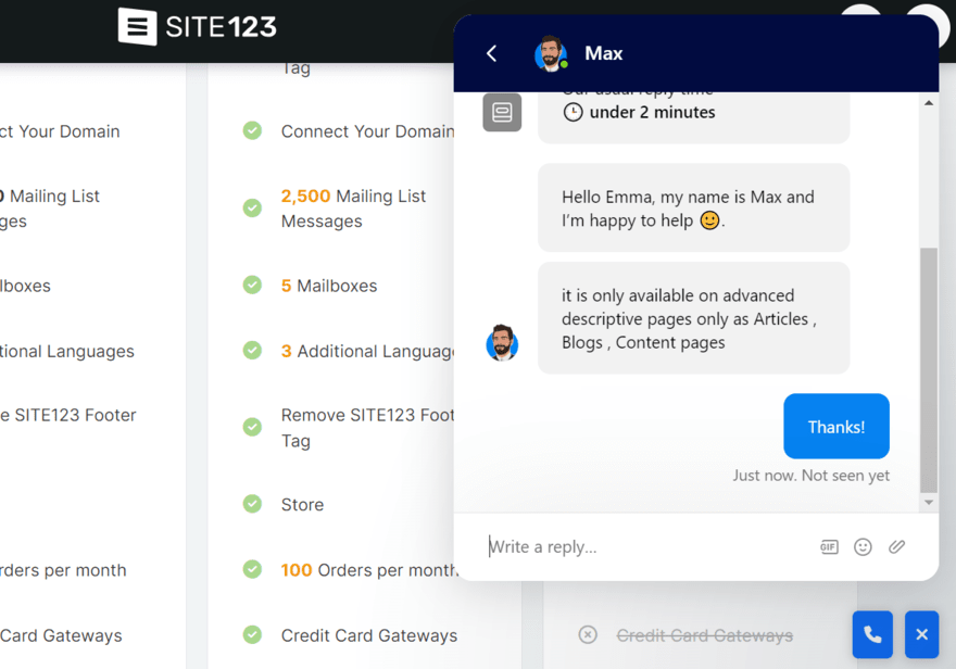 Site123 live chat example Live chat pop up on Site123