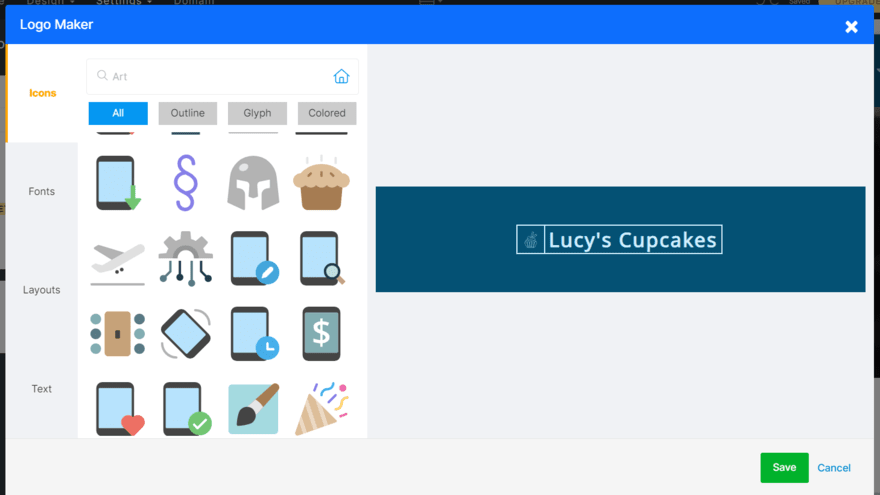Site123 logo maker Site123 logo maker tool showing library of art and icons