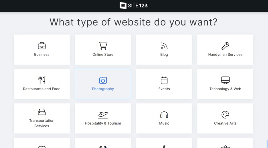 Site123 onboarding Site123 onboarding question asking users what type of website they want to create