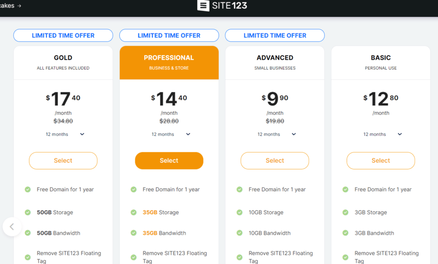4 Site123 pricing plans and their features