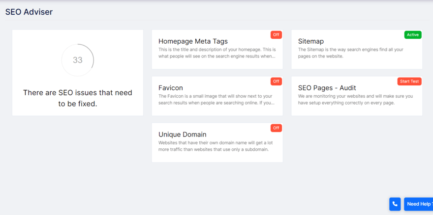 Site123 SEO adviser Site123's SEO adviser dashboard