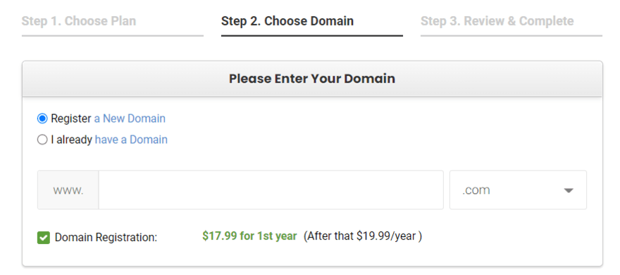 Siteground domain registration fee checkout page for Siteground asking users to register a domain or put in their already existing domain