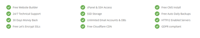SiteGround Shared Plan Features Siteground Shared plan features listed with little green tick icons