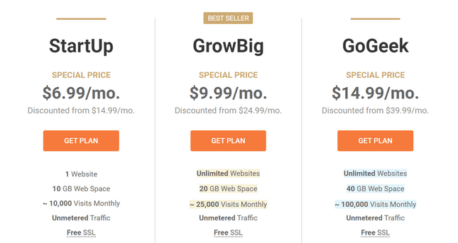 siteground shared plans Three squares with shared pricing plan information