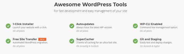 SiteGround WordPress Features SiteGround WordPress tools listed with little green ticks