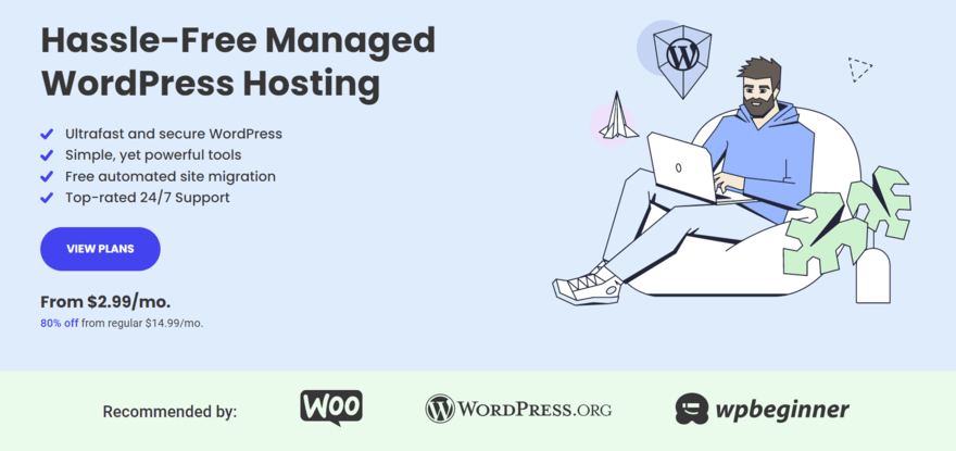 SiteGround WP hosting WordPress hosting plans page with graphic of man sat with laptop next to a plant