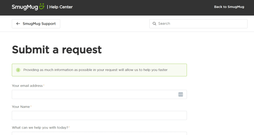 Request form to contact SmugMug