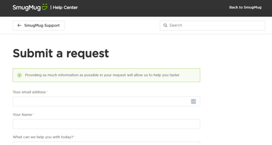 SmugMug contact form Request form to contact SmugMug