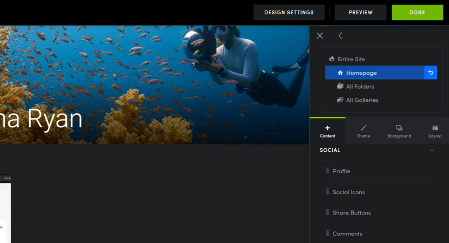 SmugMug content sections Content section menu in SmugMug's website editor