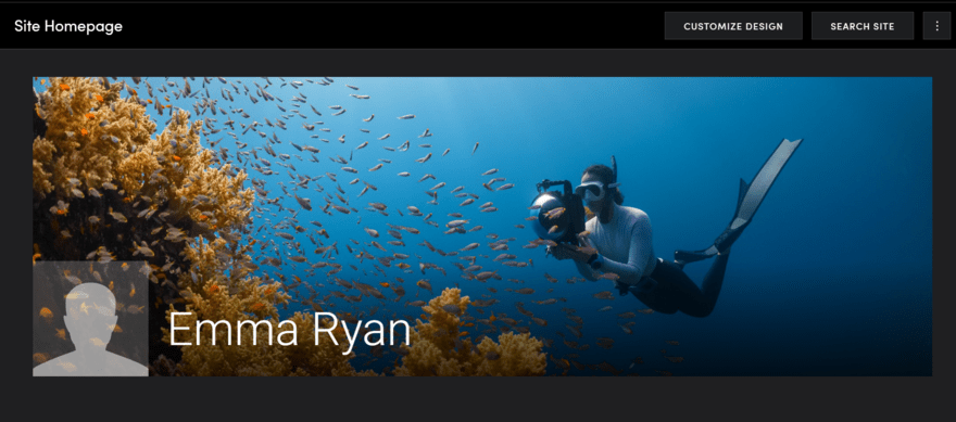 SmugMug cover image Cover header image of a woman diving with fish on SmugMug test website