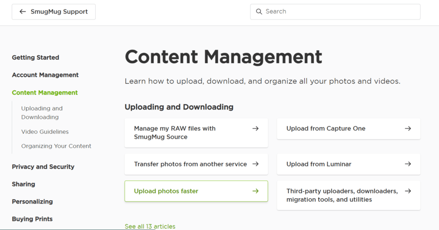 Content management category page on SmugMug's Help Center