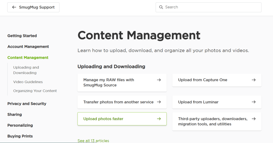 SmugMug help center Content management category page on SmugMug's Help Center