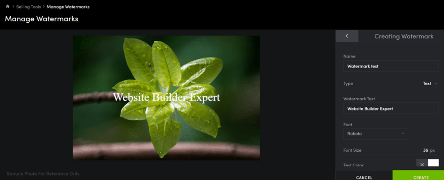 SmugMug watermark creation Image of a leaf with a watermark over it in SmugMug's watermark editor