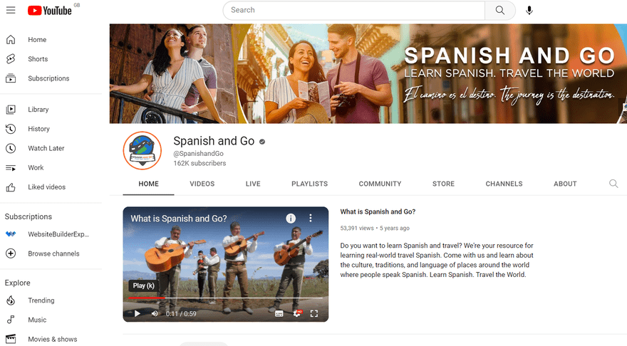 Spanish and Go YouTube Channel Spanish and Go YouTube channel page with images of the couple together