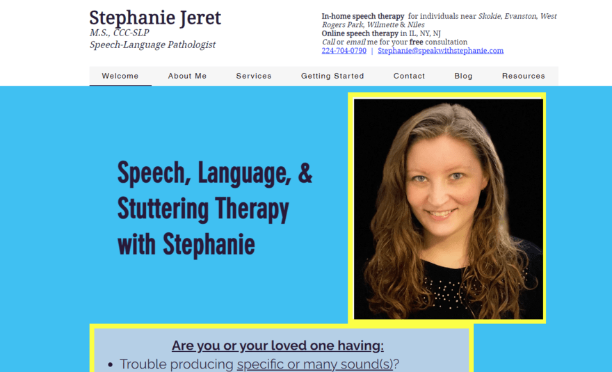Speak with Stephanie homepage Speak with Stephanie homepage featuring an image of Stephanie, navigation bar, and contact details