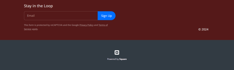 a maroon and grey website footer with Square branding