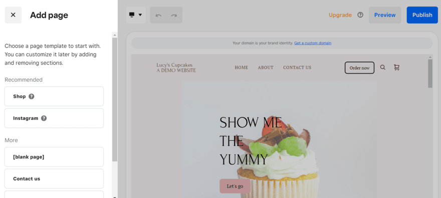 Pop up menu to add pages to Square Online website