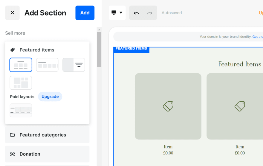 Square Online featured items Featured items section to add to Square Online website in the editor