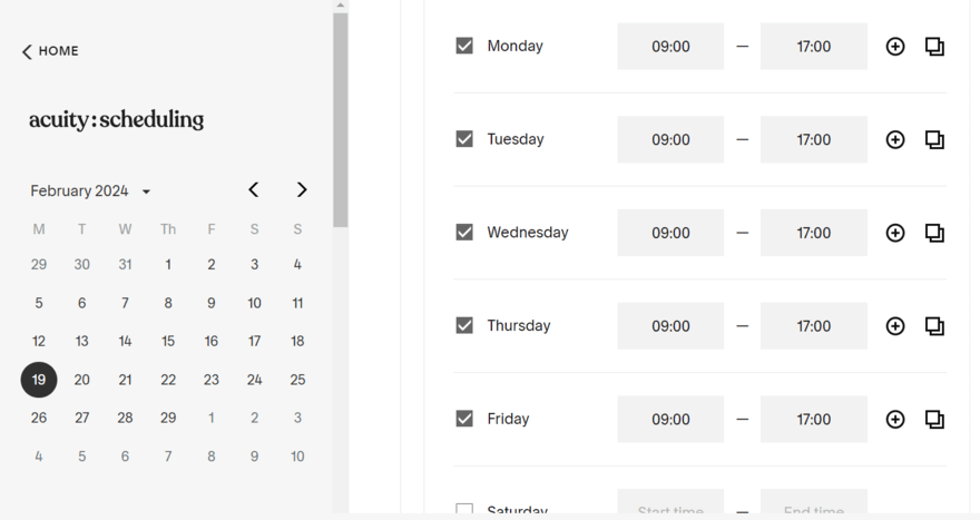 Squarespace's Acuity Scheduling tool's calendar showing dates and times